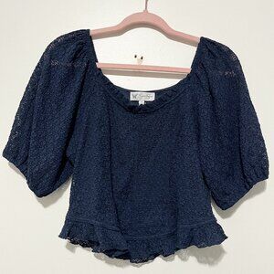 Jessica Simpson Lace Milkmaid Top M Navy Cottagecore Boho Festival Puff Sleeve